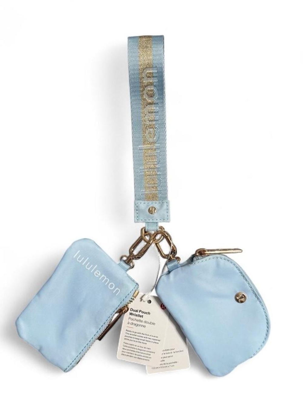 lululemon dual pouch wristlet blue and gold